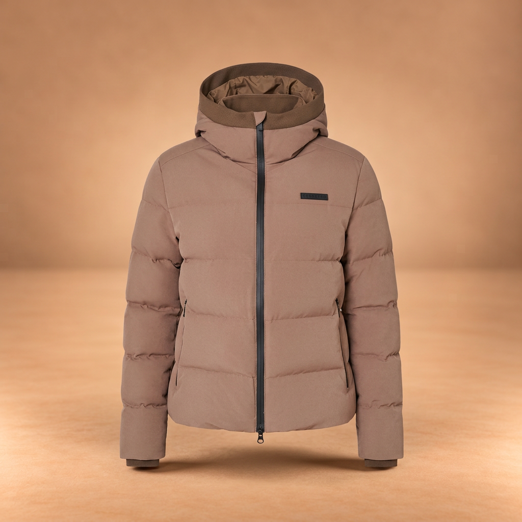 Piumino donna Equestro tabacco con cappuccio, vista frontale senza modella