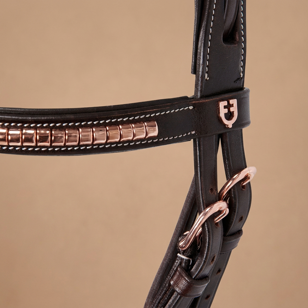Dettaglio laterale testiera Equestro con logo e fibbie su sfondo beige