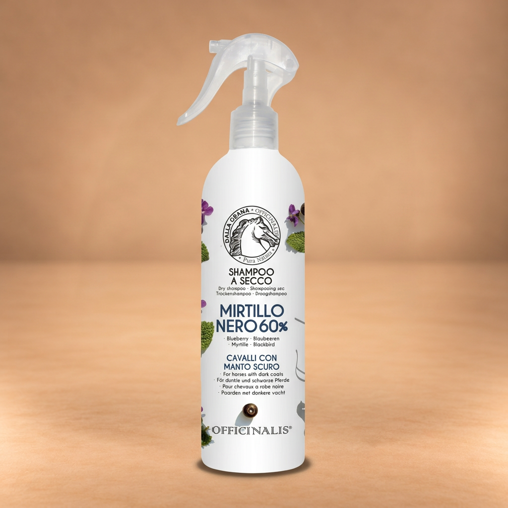 Shampoo a secco Mirtillo Nero 60% su sfondo beige